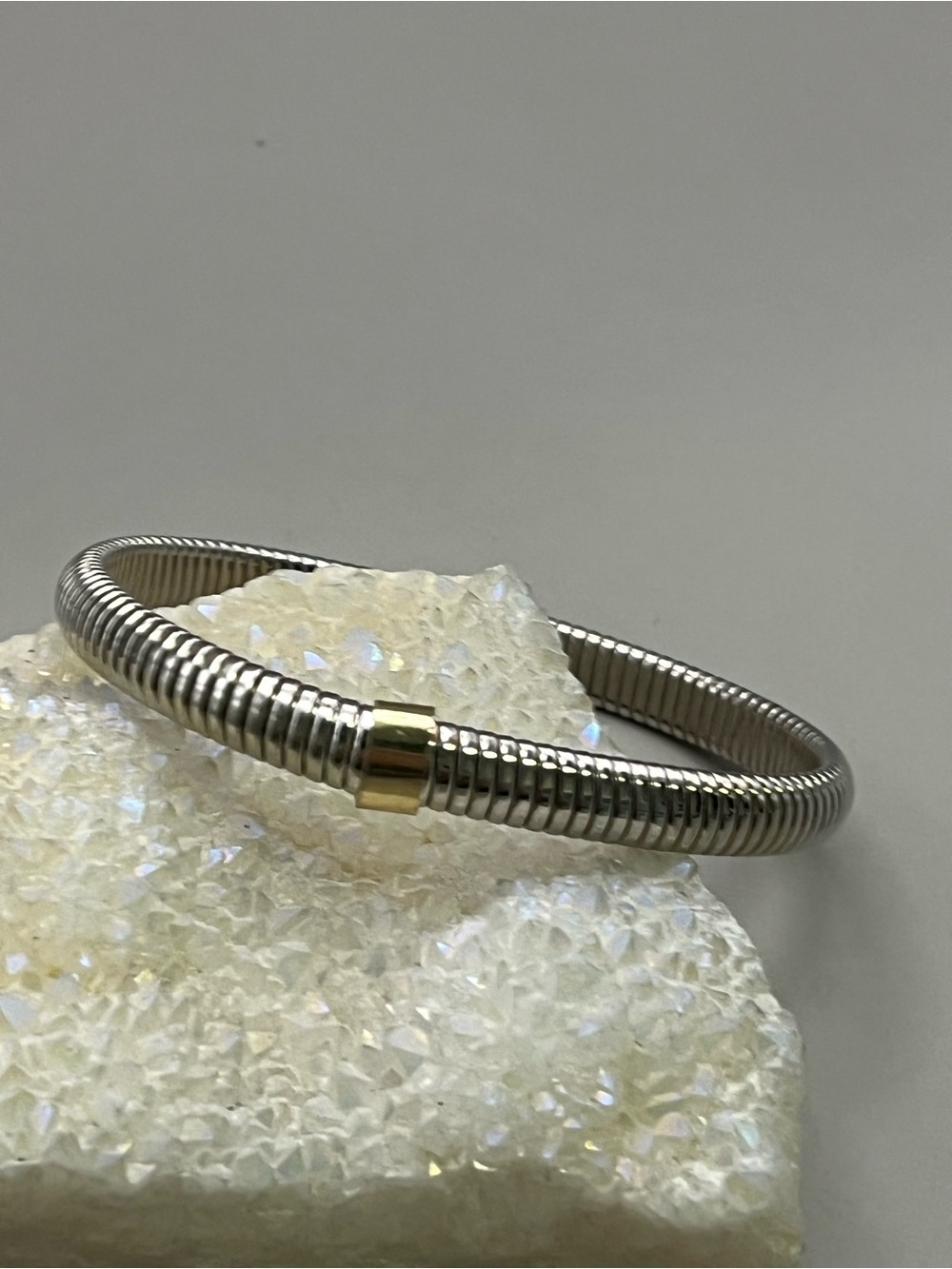 Silver Tone Snake Chain Stretch Bangle Two Tone Gold Accent Stretch Bracelet